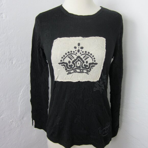 Kisca by Komarov Top Women's Size M Black Graphic Crown Patchwork Crinkled - Picture 2 of 6